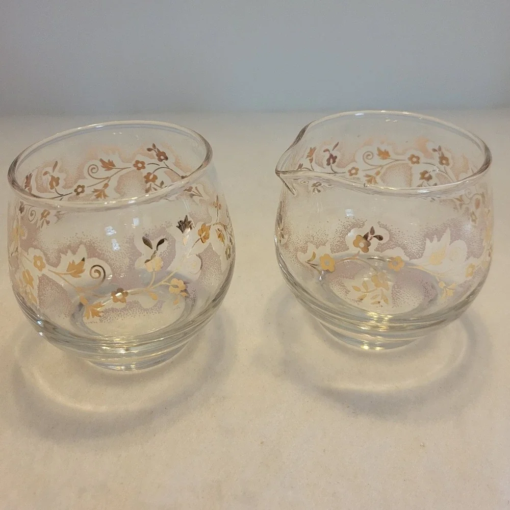 Vintage Glass Creamer and‎ Sugar Bowl Set Gold Pink Floral Filigree Frosted Lace